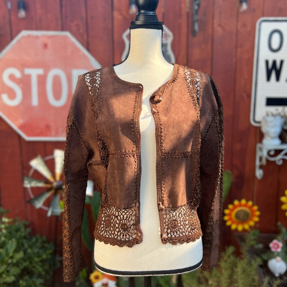 vintage brown leather and crochet cardigan